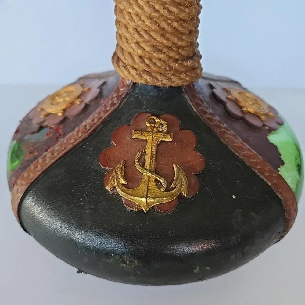 Vintage Italian Leather Wrapped Glass Decanter Nautical Anchor Ship‎ Wheel Decor